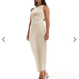 ASOS DESIGN linen textured one shoulder midi dress in stone